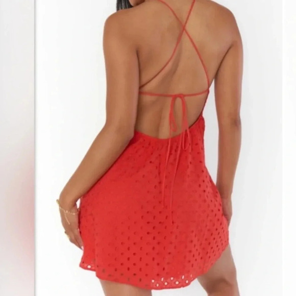 Show me your MUMU orange/red eyelet fit/flare strappy Mini Dress NWT size Medium - Picture 6 of 10